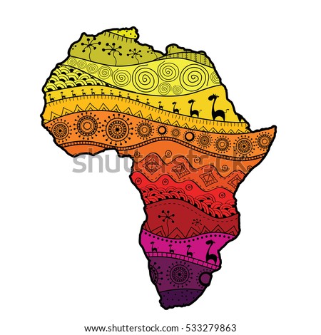 Textured vector map of Africa. Hand-drawn ethno pattern, tribal background. Vector illustration. Abstract colored Background