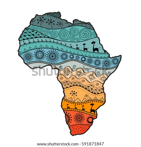Textured vector map of Africa. Hand-drawn ethno pattern, tribal background. Vector illustration. Abstract colored Background