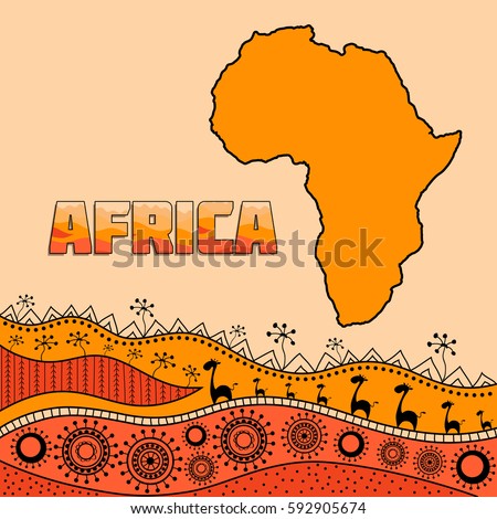 Template for design in the African style. African traditional elements of ethnic patterns. Caption filled with ornaments. Silhouette mainland. Vector illustration