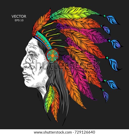 Man in the Native American Indian chief. Black roach. Indian feather headdress of eagle.  Hand draw vector illustration