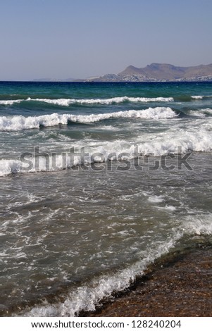 beautiful beach in Kos, Greece (Turkey Bodrum on the background)
