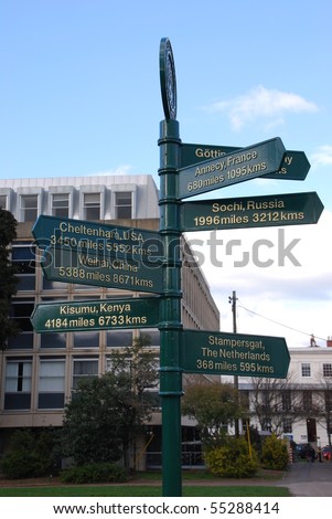 green distance marker for different cities in the world (miles/km) against blue sky