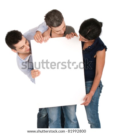 surprised brother and sisters looking at a banner ad, isolated on white background