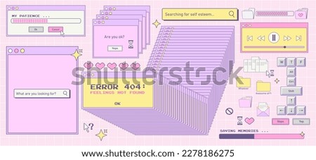 Trendy y2k sticker set. Old computer aesthetic.Retro user interface windows, errors, buttons for music control. Nostalgia for 1990s -2000s.Vector illustration