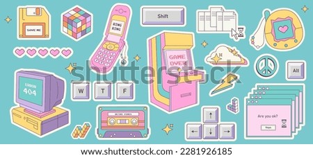 Sticker collection in trendy retro y2k style. Kawaii elements set. Glamour 2000s. Nostalgia for 1990s -2000s.Vector illustration

