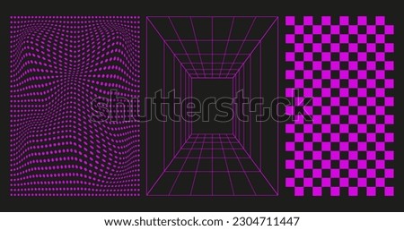  Set of distorted vertical grid pattern, checkerboard pattern and dotted distorted vertical pattern. Y2K Retrowave shapes, vaporwave, rave. Trendy retro shapes 1980s, 90s, 2000s style. vector