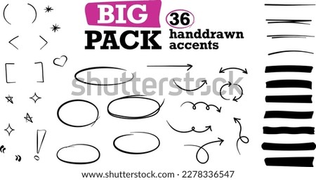 Set of 36 handdrawn accents. Arrows, circles, highlights, underlines and doodles to bring some fun to your artwork.