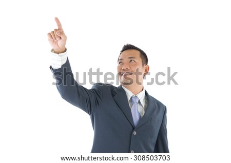 40s southeast Asian business man pointing on transparent virtual screen, space for text/button