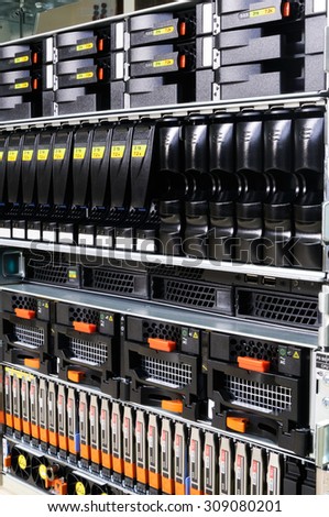 Rack mounted system storage and blade servers background