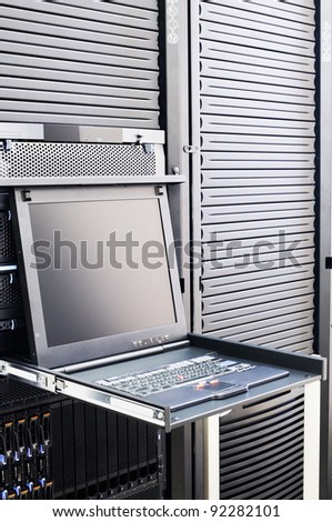 Rack mounted blade servers, keyboard and LCD monitor