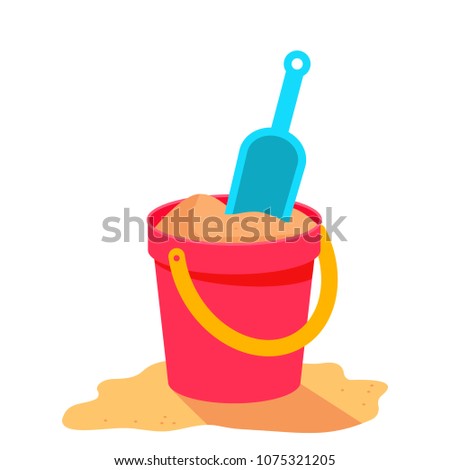 Red baby bucket with shovel and sand. concept of children's beach summer vacation. flat vector illustration isolated on white background