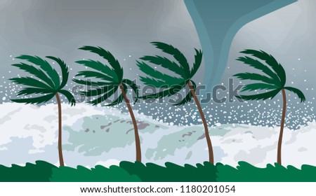 Tornado hurricane Florence, coming from the ocean. Huge waves on houses on the coast. Tropical disaster and a sign of catastrophe and warning. flat vector illustration