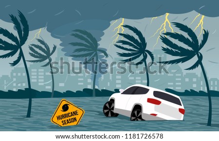 Tornado hurricane Florence, emerging from the ocean. Flooding the city and cars. Car accident. A tropical catastrophe and a sign of disaster. flat vector illustration