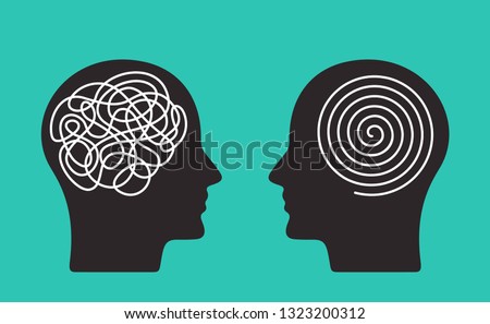Two heads of a person with the opposite mindset. concept of chaos and order in thoughts. flat vector illustration isolated on blue background