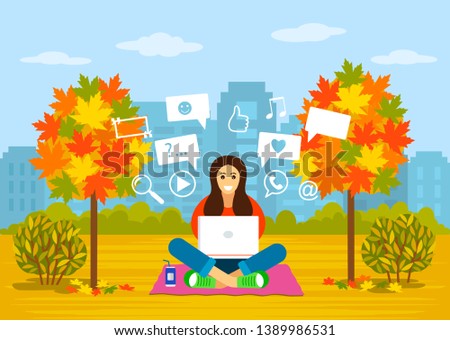 A beautiful young girl is sitting in a park in autumn with a laptop for searching information on the Internet. concept of modern man and communication, learning online. vector illustration