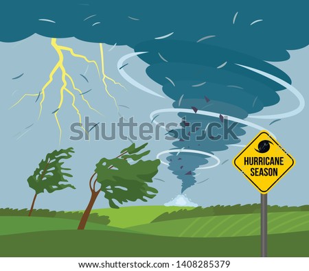 A devastating tornado in the countryside is breaking trees. bad weather landscape and road sign of disaster and warning. Flat Vector Illustration