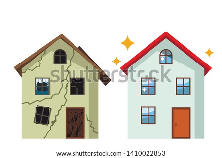 An old, ruined house in cracks with broken glasses and a renovated beautiful country cottage. concept before and after repair. flat vector illustration isolated on white background
