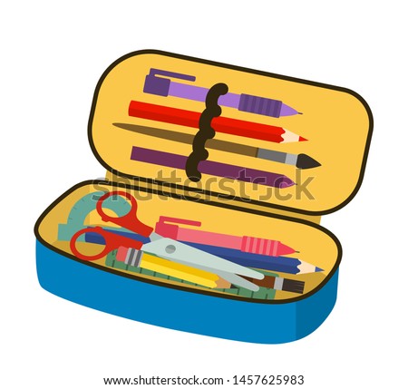 Bright school pencil case with filling school stationery such as pens, pencils, scissors, ruler, tassels. concept of September 1, go to school. flat vector illustration isolated on white background