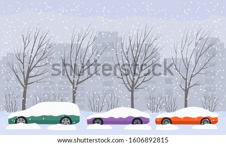 The road swept through the city after heavy snow and hail. parked cars on the street in snowdrifts and snow. Snow disaster. flat vector illustration