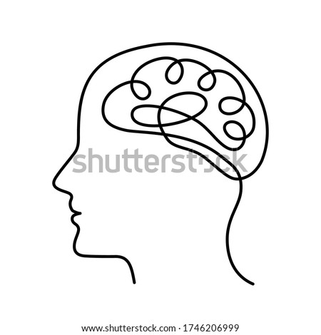 continuous stylized modern drawing of a human head and brain. flat vector linear illustration on a white background. drawing thoughts and chaos in a man's head in one line