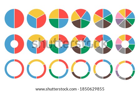 Large set of colored pie charts. 2,3,4,5,6,8 sections. Flat icons for infographics in web design. vector illustration isolated on white background