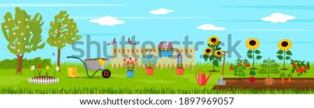 spring landscape in the garden with green grass, flowers, garden wheelbarrow, shovel. garden concept. vector illustration