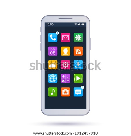 realistic smartphone screen page layout with different buttons. bright smartphone home screen interface template. phone display illustration with search and app icons

