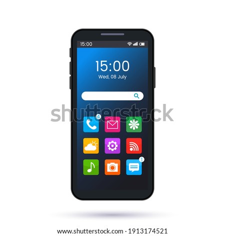 realistic smartphone screen page layout with different buttons. bright smartphone home screen interface template. phone display illustration with search and app icons