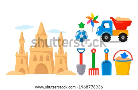 a large set of children's sand toys. Sand castle, baby bucket and shovel, sand molds, car, truck. vector illustration isolated on white background