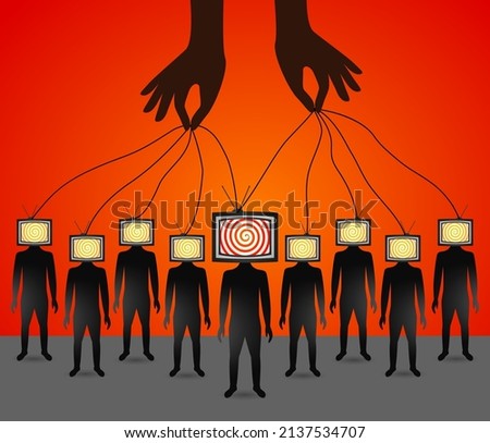 people with a TV instead of a head controlled by the hands of a puppeteer. the concept of the influence of the media and propaganda on a person's worldview. vector illustration. zombie tv