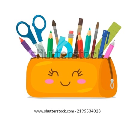 Bright school pencil case filled with school stationery such as pens, pencils, scissors, ruler, brushes. September 1 concept, go to school. flat vector illustration isolated on white background