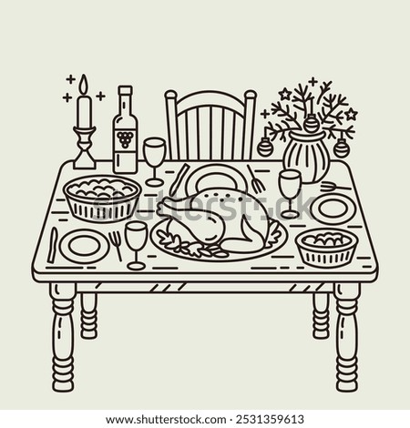 Linear illustration for Christmas and New Year. On the table is a turkey, a vase with a Christmas tree and balls, wine, cutlery. Vector on a white background