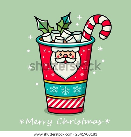 Merry Christmas and Happy New Year greeting card. Cup of hot chocolate with marshmallows and caramel and Santa Claus face. Flat vector illustration isolated