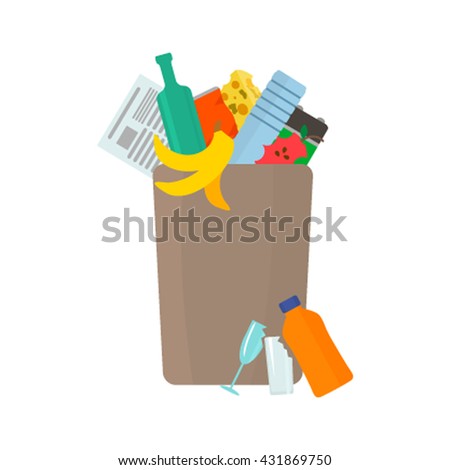 Full garbage an urn. Debris fell to the ground. Flat vector illustration isolate on belomfone.