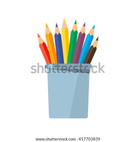 Colored pencils in a glass for office. Flat vector illustration isolated on white background
