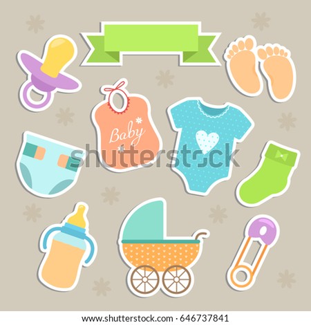 Set of baby elements for postcards with baby shower. Flat vector illustration isolated on a light background