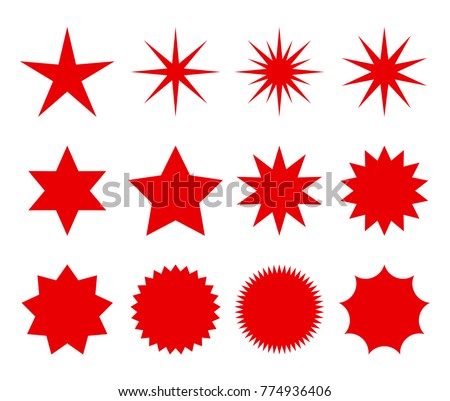 a set of fashionable forms of retro stars. design elements Sunburst. . Red beams firework. Best for sale sticker, price tag, quality mark. flat vector illustration Isolated on white background.