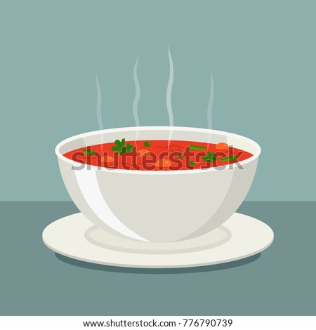 Hot vegetable soup in white dishes. vector illustration isolated.