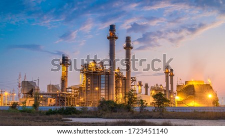 Gas turbine electrical power plant with in Twilight power for factory energy concept. 商業照片 © 