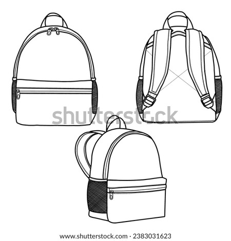 Mini backpack with front and back views. Flat sketch vector illustration technical drawing template.