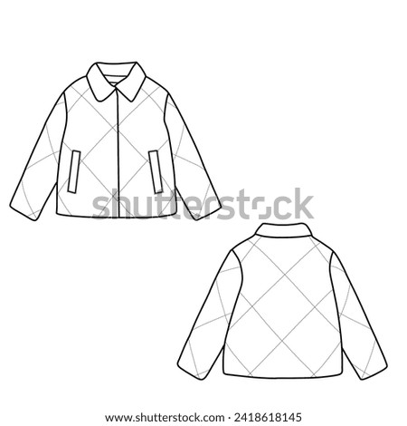 Quilted padded jacket fashion technical drawing template. Hooded Jacket technical fashion Illustration. Front and back view.