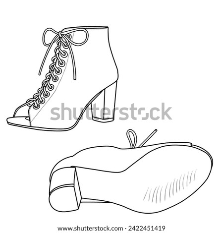Template vector a pair of chunky heel ankle boots open toe. Front and bottom view. Isolated with a white background.