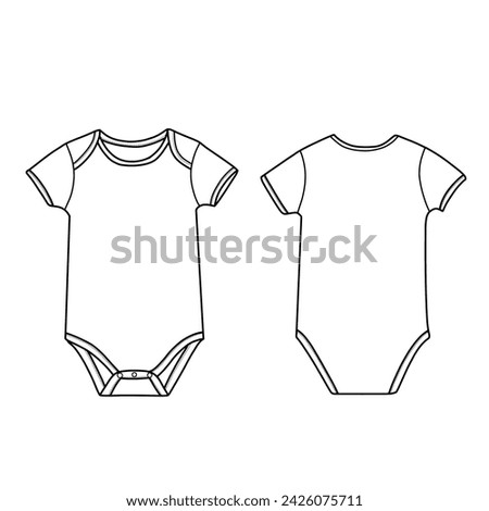 Short sleeve baby bodysuit, front and back view. Vector technical sketch. Mockup template.