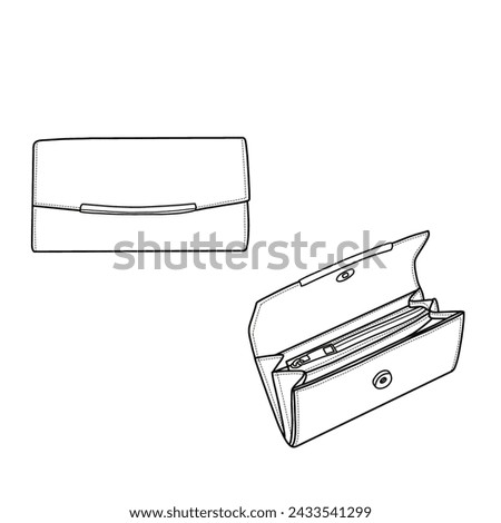 Long wallet with magnetic button vector illustration. Closed and opened view.
