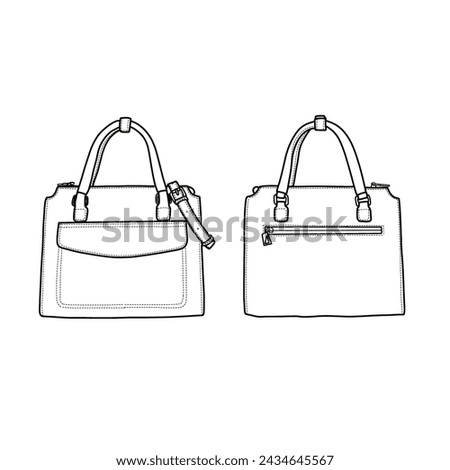 Women's sling bag. Top handle bag flat with zipper in the back side, sketch fashion illustration drawing template mock-up. Front and back view.