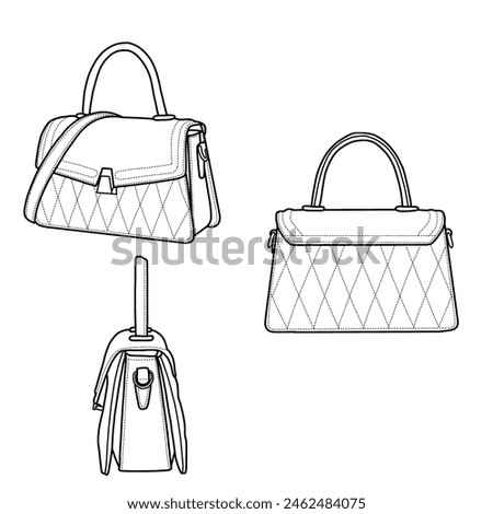 Women's handbags slingbag. Top handle bag flat sketch fashion illustration drawing template mock-up,  front, back, and side view. Isolated on a white background.