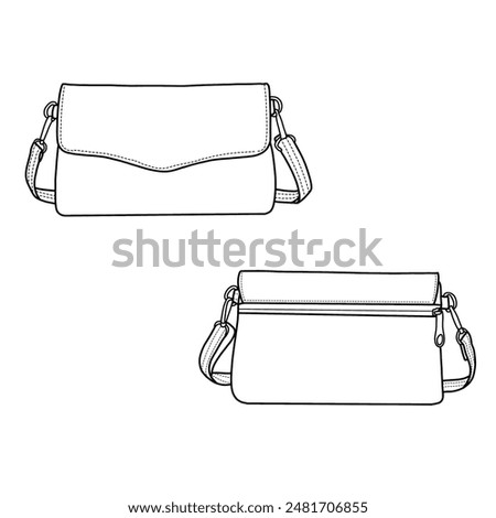 Ladies sling bag. Sling bag flat sketch fashion illustration drawing template mock-up.