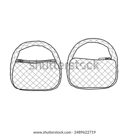 Puffer handbag for women. Quilted down padded satchel bag for shopping and travel line art. Outline vector doodle illustration isolated on a white background