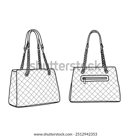 Puffy handbag for women, quilted down padded satchel bag, shoulder bag for shopping, and travel line art. Outline vector doodle illustration front and back view. Isolated on white background