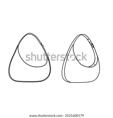 Shoulder bag for women, quilted handbag with zip line art. Outline vector doodle illustration front view, isolated on a white background